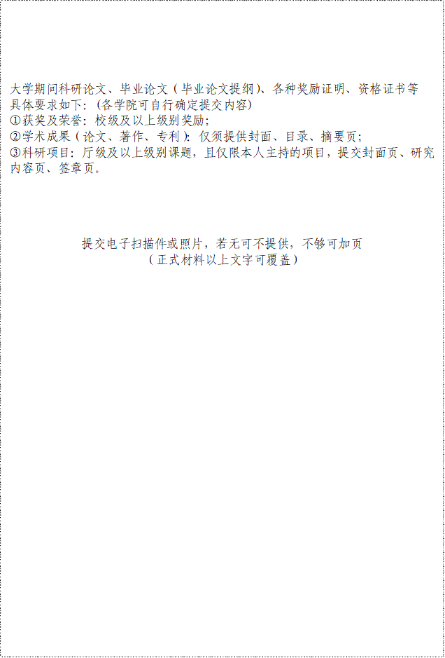 大学期间科研论文、毕业论文（毕业论文提纲）、各种奖励证明、资格证书等具体要求如下：(各学院可自行确定提交内容)①获奖及荣誉：校级及以上级别奖励；②学术成果（论文、著作、专利）：仅须提供封面、目录、摘要页；③科研项目：厅级及以上级别课题，且仅限本人主持的项目，提交封面页、研究内容页、签章页。提交电子扫描件或照片，若无可不提供，不够可加页（正式材料以上文字可覆盖）